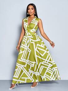 SOLERSUN 女士优雅时尚全身印花 V 领腰部镂空设计无袖长裙（随机花卉图案）