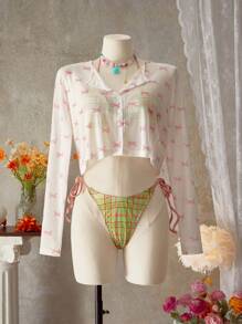 SHEIN Swim 女士时尚休闲蝴蝶结印花长袖前开式罩衫 - 彩色 - 查看 3