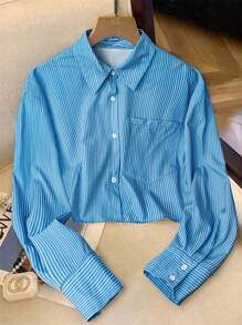 SHEIN PETITE Damen Große Größen Lässig Blau & Weiß gestreiftes langärmeliges kurzes Hemd