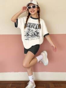 Set de 2 piezas de camiseta de manga corta y pantalones cortos casuales para niñas preadolescentes, adecuado para el verano
