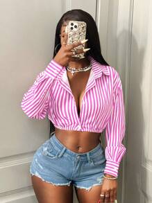 BamGleam 女式长袖单排扣条纹短款性感衬衫