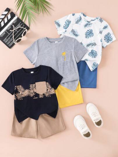 SHEIN 6 件套年轻男孩儿童休闲日常百搭时尚拼接拼色度假热带植物夏威夷短袖 T 恤针织上衣和彩色短裤多件套，适合春夏季节、日常生活、运动、校园、聚会、节日、演出、摄影、度假、海滩，适合返校季节