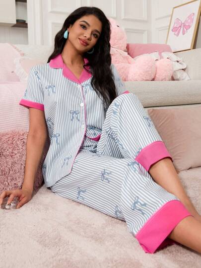 Ins 风格甜美蝴蝶结和条纹印花撞色翻领女士睡衣套装