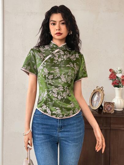 EastFlair Women's Summer Floral Jacquard Button Design Short Sleeve Elegant Top, Chinese Style Patterns Cheongsam Collar Chinese Cheongsam Top, Chinese Green Tops, Asian Inspired Apparel