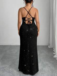 SHEIN PETITE 加大码性感细肩带露背亮片连衣裙，夏季 - 黑色 - 查看 2