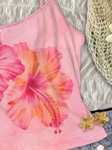 SHEIN Leap Crew 青少年女孩合身休闲度假风格可爱粉色芙蓉扎染定位印花手绘花卉水彩花卉椰子女孩波西米亚度假波西米亚音乐节吊带背心打底 - 彩色 - 查看 4