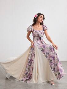 Modelyn 女式春夏花卉印花网眼拼接荷叶边腰喇叭长裙，优雅浪漫 - 彩色 - 查看 7