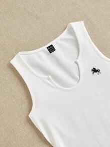 SHEIN EZwear Váy dài vừa phải không tay cổ chữ V thấp không dây rộng dành cho nữ có thêu logo chú ngựa nhỏ - trắng - Xem 3