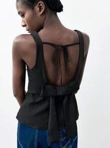 Maija Black Backless Bow Design Hollow Out Minimalist Tank Top For Women, Simple & Elegant, Comfortable & Versatile, Suitable For Summer Daily Wear, Slimming - Black - View 1