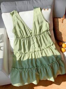 Comfortcana 女士夏季可爱深V领荷叶边纽扣设计无袖格子迷你连衣裙 - 綠色 - 查看 3