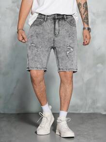Manfinity EMRG Men's Light Grey Ripped Denim Shorts Avant-Garde Hip-Hop Streetwear Style Zipper Detail Short Length For A Summer Look - Light Grey - View 6