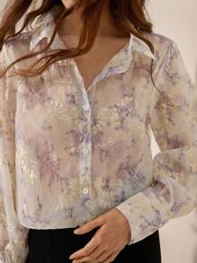 Zanirela Gold Embroidered Jacquard Elegant Long Sleeve Shirt For Commute Fall Cloth For Women - Purple - View 7
