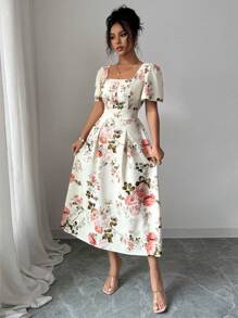 Elenzga Vestido elegante de mujer con estampado floral, cuello cuadrado y mangas de vuelo ideal para vacaciones - Albaricoque - Ver 4
