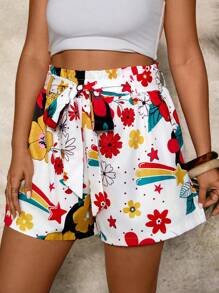 Travachic Plus Size Women's Colorful Floral Print Ruffle Waist Shorts With Belt And Pockets, Summer Vacation - Multicolor - View 6