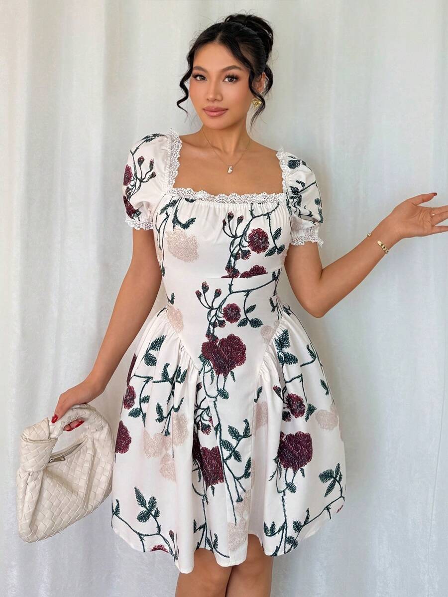 Elenzga 女士度假风方领泡泡袖花卉印花迷你连衣裙