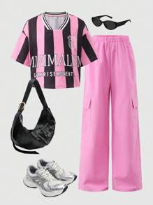 SHEIN Explorewe 2pcs/Set Older Girls' Classic Striped Contrast Print Casual T-Shirt & Loose Sporty Pocket Cargo Pants,Black Pink,Summer,Cow Boy,School,Back-To-School - Multicolor - View 3