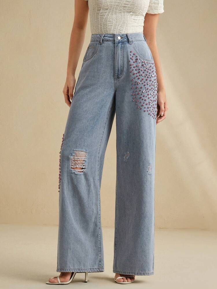 Fashionable Niche Women's Jeans Diamond Accessory Straight-Leg Pants