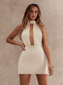 Glamine 女式简约纯色性感露背吊带迷你连衣裙，女士夏季连衣裙，女士度假装，女士白色连衣裙，优雅派对连衣裙，白色露背连衣裙，白色迷你连衣裙 - 米色 - 查看 5