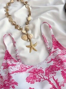 SHEIN Leap Crew 少女度假碎花侧蝴蝶结装饰休闲连体泳衣（含罩衫裙）