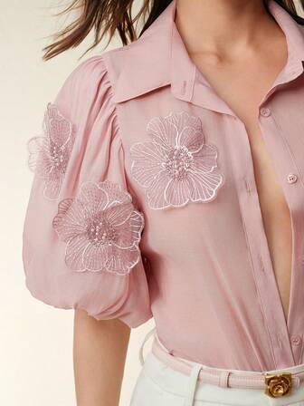Anewsta 女士优雅花卉贴花粉色衬衫，浪漫情人节及夏季假日装扮
