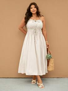 Elaquor 大码休闲度假系带荷叶边下摆束腰连衣裙