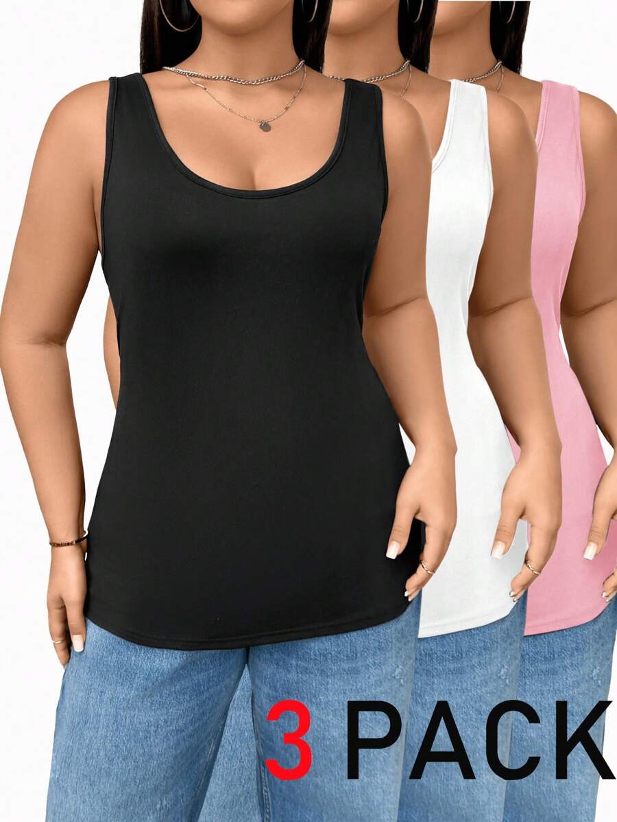 SHEIN Essnce Áo tank top dài màu đen dáng ôm, co giãn tốt, thoải mái, cơ bản, đa năng, dành cho nữ cỡ lớn, thích hợp mặc hàng ngày vào mùa xuân và hè, gồm 3 chiếc, kiểu dáng tối giản, phong cách châu Âu, thích hợp mặc đi chơi. - Nhiều màu - Xem 1