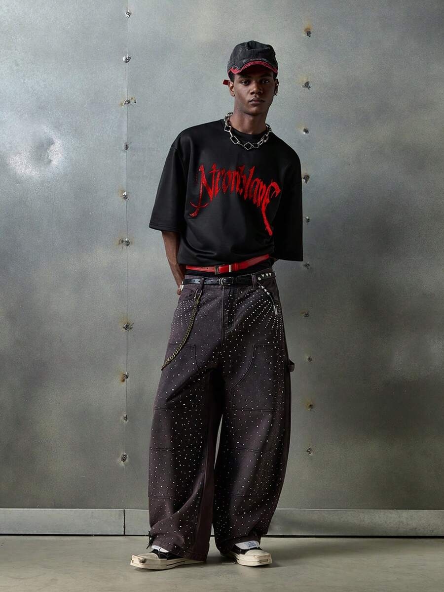 NEON BLANC 男士街头时尚水钻黑色针织T恤，适合夏季