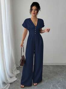 Rafferiza Women's Elegant Solid Deep V-Neck Ruched Waist Jumpsuit - Navy Blue - View 3