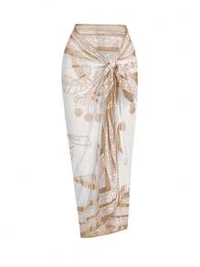 Swim Oasis 1 件女士度假纯色前结吊带背心泳衣和热带植物印花雪纺罩衫（含裙子）