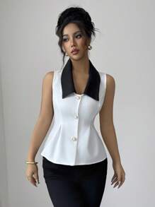 Elenzga Camisa de mujer elegante, casual, cómoda y de estilo vintage minimalista para días de vacaciones, sin mangas, con cuello vuelto, contraste de color en el dobladillo y la cintura entallada en unicolor