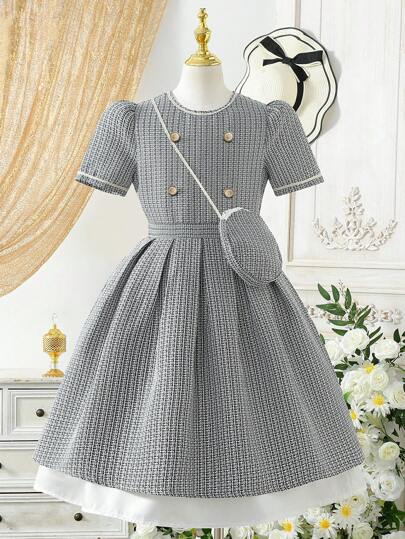 青少年女孩优雅派对和休闲装插肩袖针织连衣裙，前排纽扣门襟，撞色下摆，白色面料舞会礼服，适合小公主的夏季轻便礼服