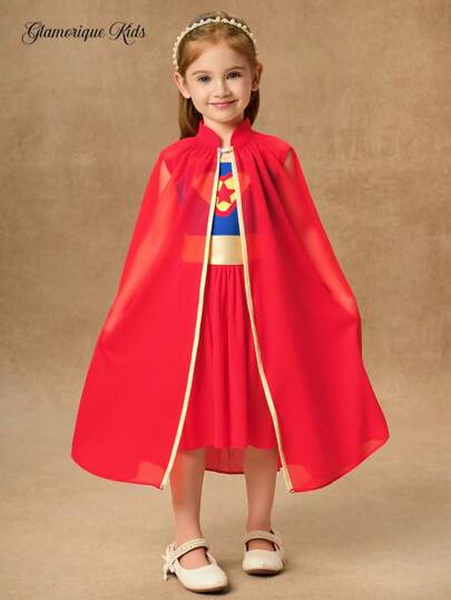 SHEIN Glamorique Kids Vestido de princesa para niñas, vestido de malla rojo, estampado, para fiesta de cumpleaños y ocasiones especiales, para fiestas, con capa, para todas las estaciones, Oriente Medio, Europa