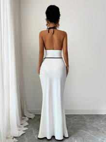 Selianne 2pcs Set Women Contrast Trim Halter Backless Swimsuit With High Waist Flounce Long Maxi Skirt, Summer Beach Cruise Holiday Vacation Swimwear Set - Black and White - View 2