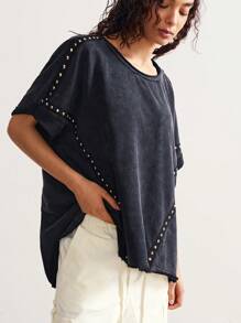 Bohemela T-shirt ample en tricot à col rond délavé, style décontracté de campagne bohème avec rivets pour femmes