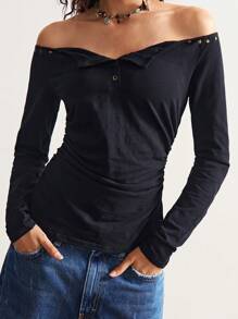 Bohemela Plain Color Off-Shoulder Long Sleeve Knit Blouse Black Off The Shoulder Top Off The Shoulder Long Sleeve Top Black Off The Shoulder Shirt Long Sleeve Black Top Off The Shoulder Top