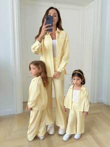 SHEIN 2 件女婴/妈妈黄色条纹长袖衬衫和裤子休闲套装（2 套单独出售） - 黃色 - 查看 2