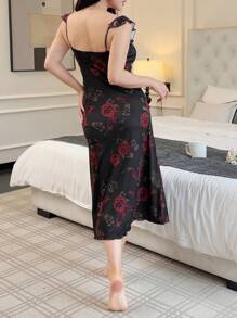 Dream Adore 女士优雅花卉印花柔软舒适睡袍 - 黑色 - 查看 2