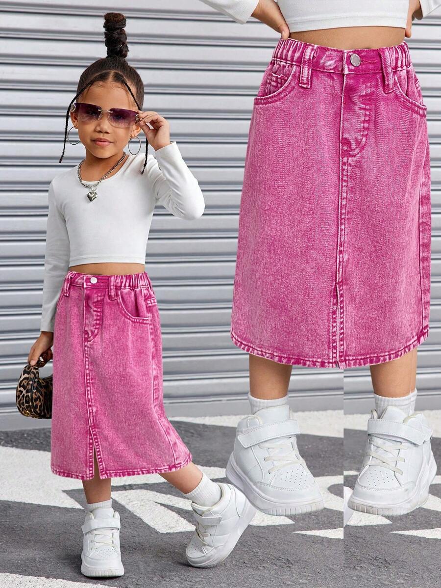 SHEIN 年轻女孩甜美可爱的口袋和侧开衩牛仔迷你裙 - 粉色 - 查看 1