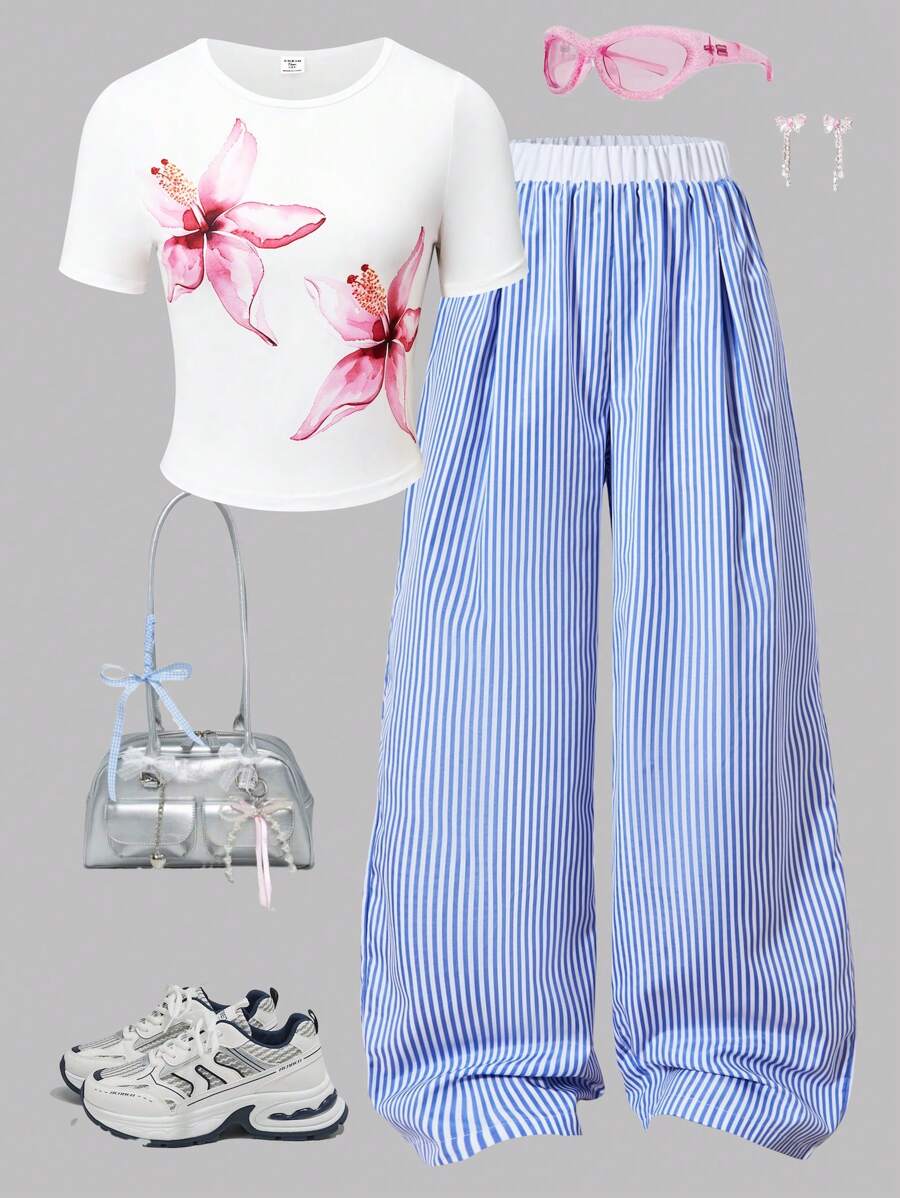 Lunivi Set de 2 piezas de ropa casual para adolescentes, top de ajuste ceñido con cuello redondo y estampado floral y pantalones anchos de cintura elástica a rayas, para verano