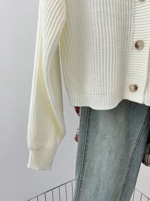 SHEIN Teen Girls' Solid V-Neck Cropped Casual Loose Drop Shoulder Long Sleeve Cardigan Sweater, Autumn Fall Winter - White - View 6