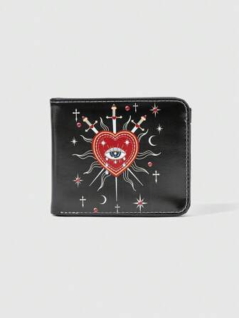 Grunge Punk 1pc Goth Style Wallet, Gothic Punk Girl Forest Heart Eyes Crystal Teardrop Eye Sun Cross Sword Design Multi-Functional Zipper Coin Purse, Suitable For Daily Use