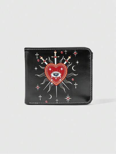 Grunge Punk 1pc Goth Style Wallet, Gothic Punk Girl Forest Heart Eyes Crystal Teardrop Eye Sun Cross Sword Design Multi-Functional Zipper Coin Purse, Suitable For Daily Use, Halloween