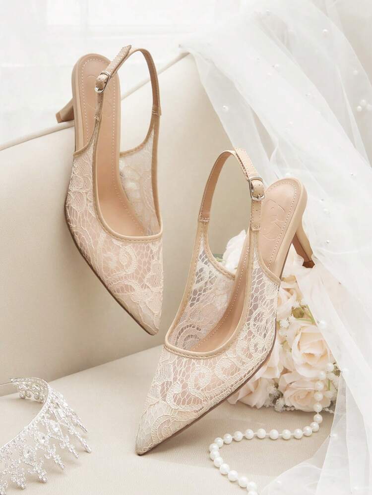 CUCCOO HITCHD Women Shoes Summer New Embroidered Lace Pointed Kitten Heel Elegant Romantic Apricot Lace Mesh Women's High Heel Shoes Slingback Dress Shoes Bridal Shoes Dating Elegant Wear Wedding Season Dinner For Christmas Elegant Shoes Wedding Shoes Summer Shoes Bride Shoes