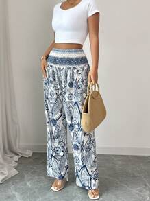 Chiquease Women's Floral Print Shirred Waist Pants, For Vacation Fall Cloth For Women