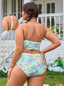Swim Mod 加大码女式两件套花卉印花泳衣套装，可拆卸肩带，花卉贴花设计，系带腰部三角形泳裤，性感时尚，适合夏季海滩和泳池度假 - 彩色 - 查看 2