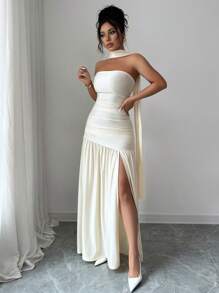 Elenzga Fashionable New Solid Shiny Fabric Strapless Long Flowy Skirt Ruched Waist Slit Hem Dress, Suitable For Weddings, Graduation Parties, Dates, Vacations