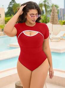 Swim Lushoire Plus Size Women's Solid Color All-In-One Swimsuit For Beach, Swimming Pool, Vacation, Surfing For Summer - Red - View 1