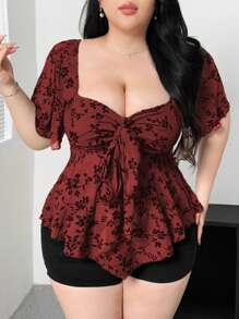 Vibekara Große Größen Gothic Stil Bluse mit Quadratausschnitt, Spitze und Rüschenärmeln - Bordeaux - Übersicht 3