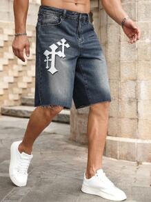 Manfinity Homme Men's Simple Print Casual Denim Shorts