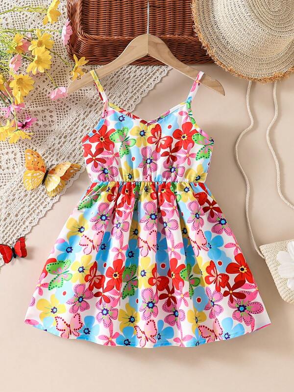 SHEIN Young Girls Ditsy Floral Spaghetti Strap Dress, Suitable For Party, Beach, Resort, Summer Season Girl Floral Print Dress